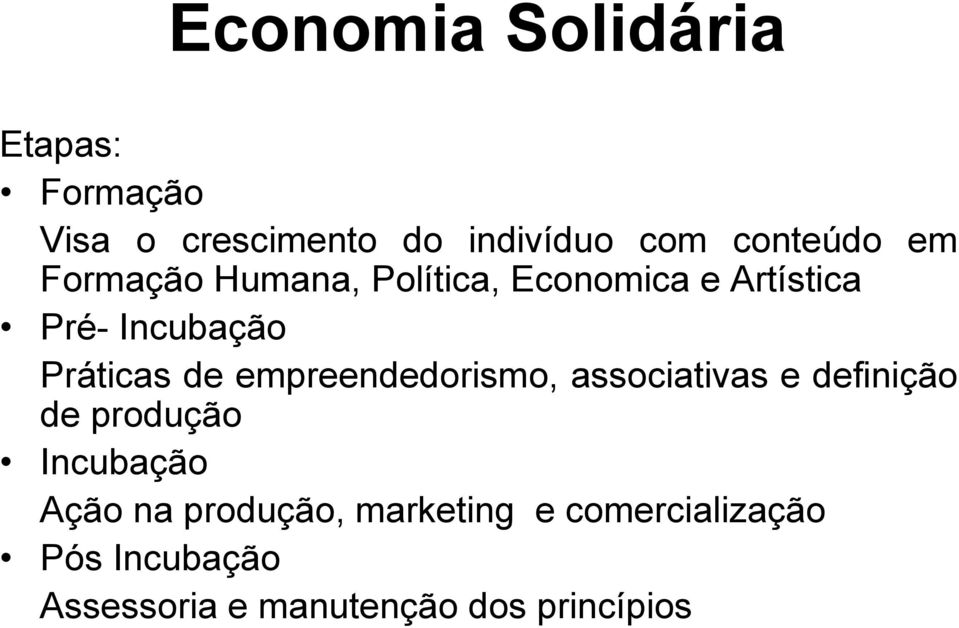 empreendedorismo, associativas e definição de produção Incubação Ação na