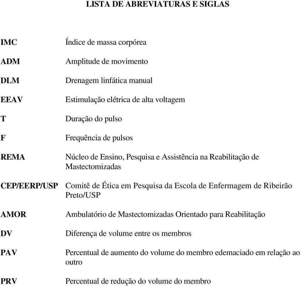 CEP/EERP/USP Comitê de Ética em Pesquisa da Escola de Enfermagem de Ribeirão Preto/USP AMOR DV PAV PRV Ambulatório de Mastectomizadas Orientado para