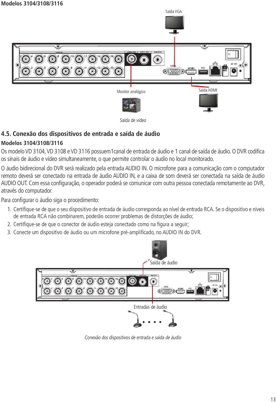 O DVR codifica os sinais de áudio e vídeo simultaneamente, o que permite controlar o áudio no local monitorado. O áudio bidirecional do DVR será realizado pela entrada AUDIO IN.