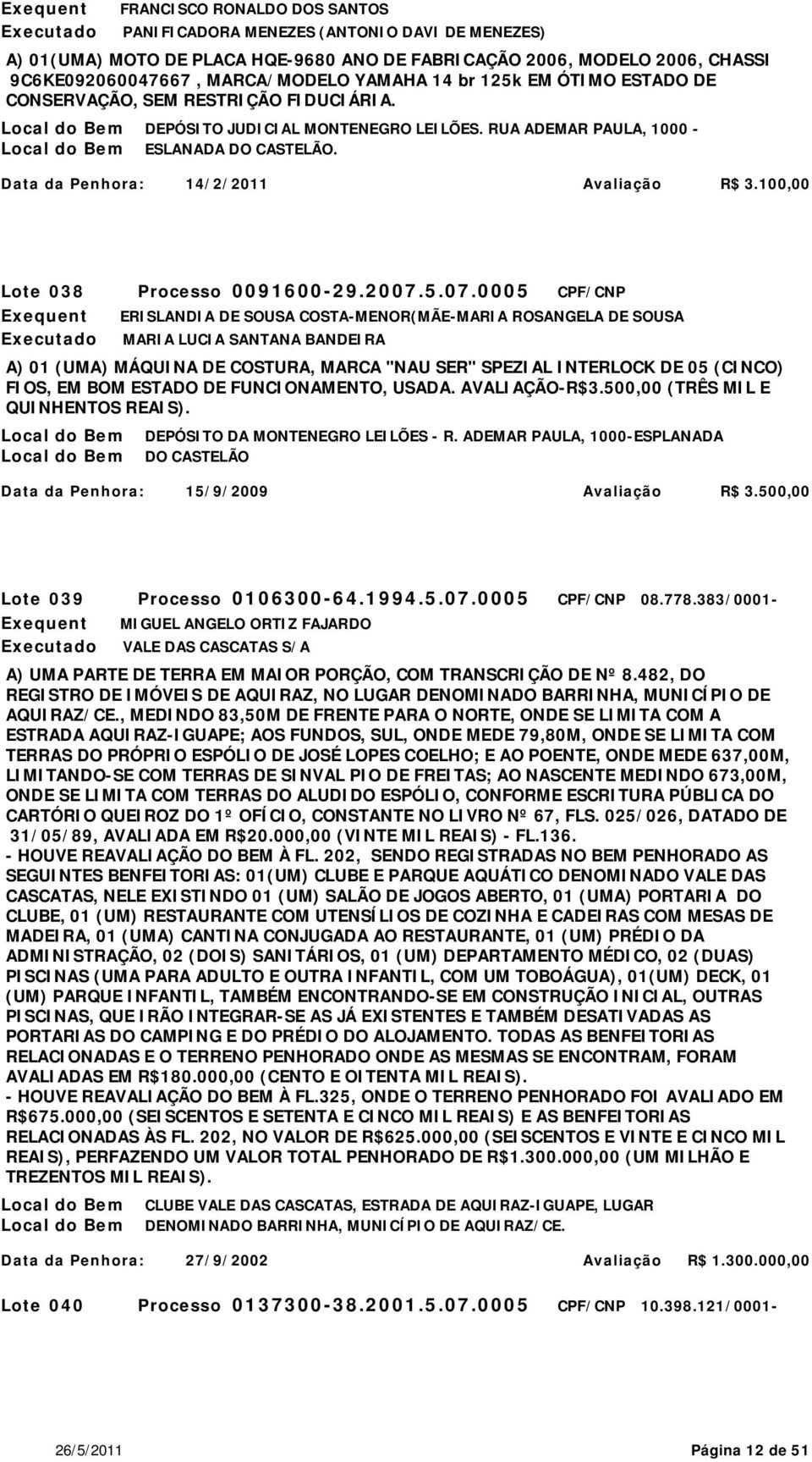 Data da Penhora: 14/2/2011 Avaliação R$ 3.100,00 Lote 038 Processo 0091600-29.2007.