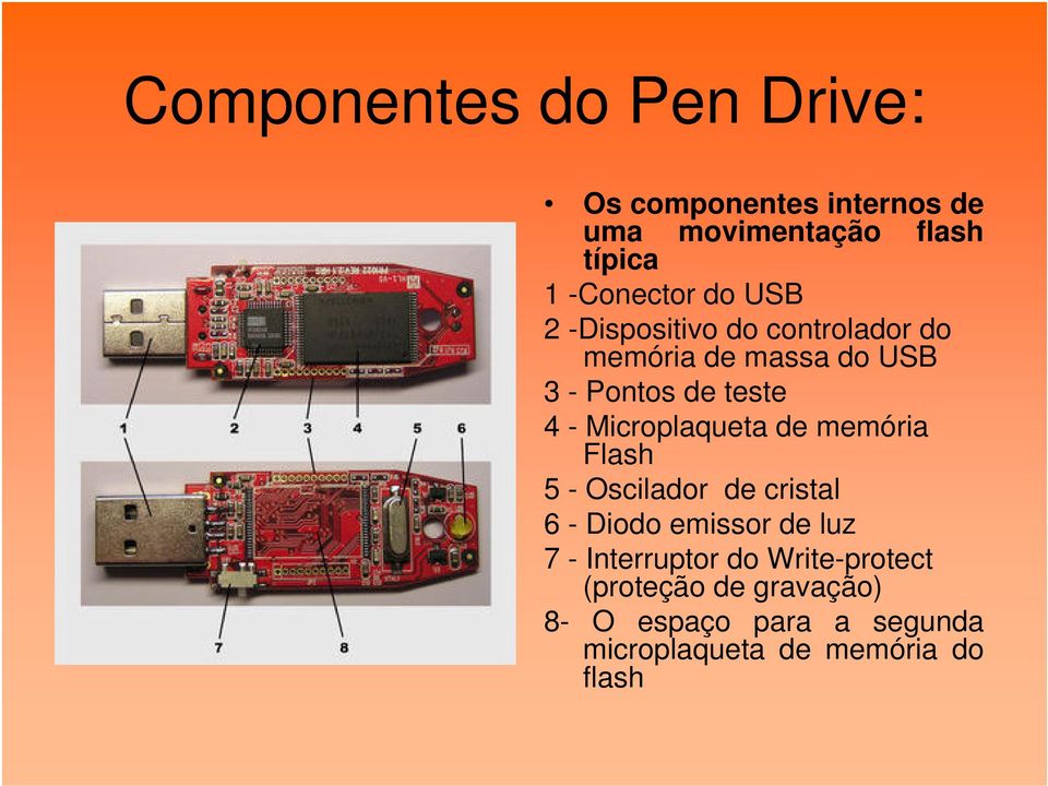 Microplaqueta de memória Flash 5 - Oscilador de cristal 6 - Diodo emissor de luz 7 -