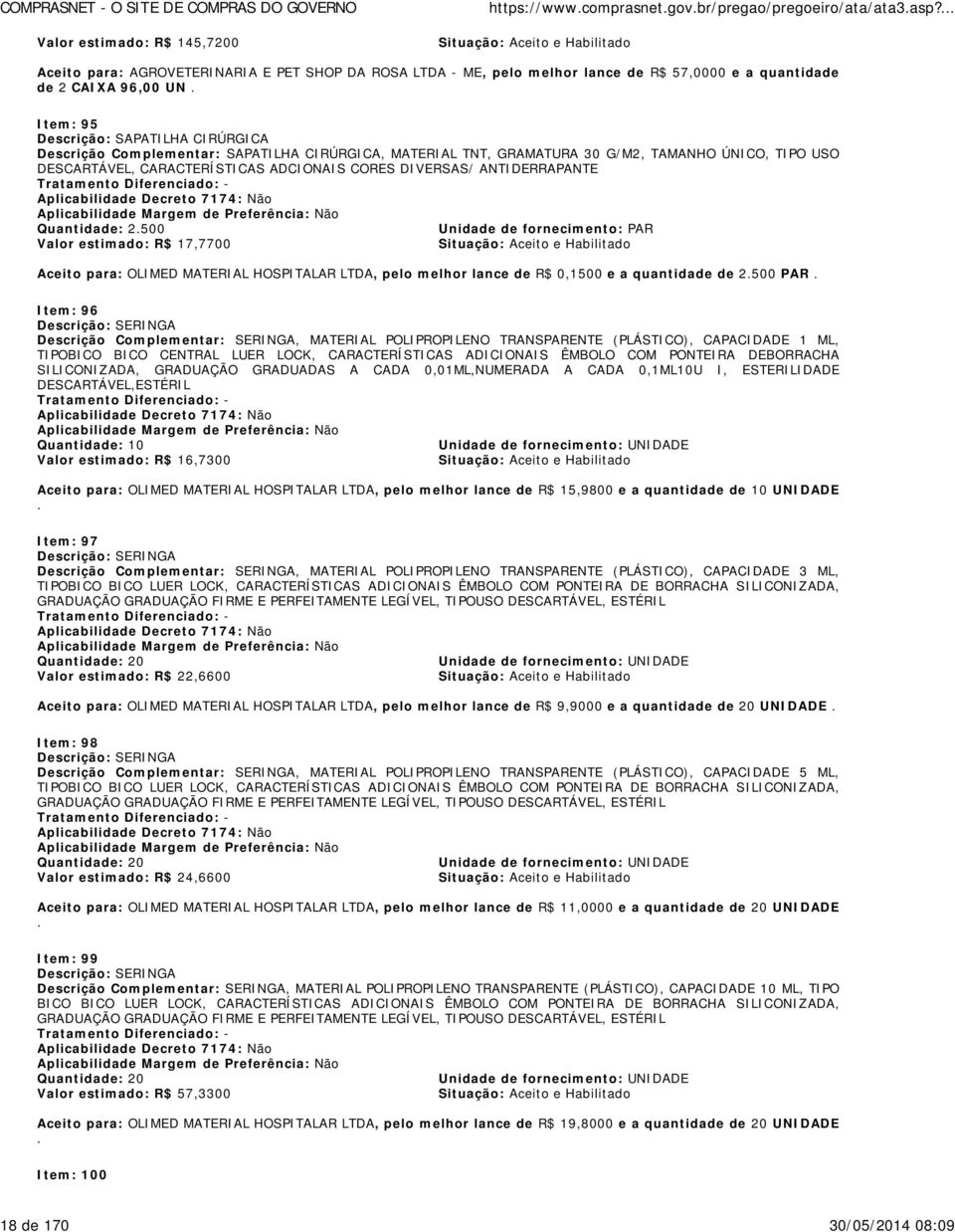 ANTIDERRAPANTE Quantidade: 2.500 Unidade de fornecimento: PAR Valor estimado: R$ 17,7700 Aceito para: OLIMED MATERIAL HOSPITALAR LTDA, pelo melhor lance de R$ 0,1500 e a quantidade de 2.500 PAR.