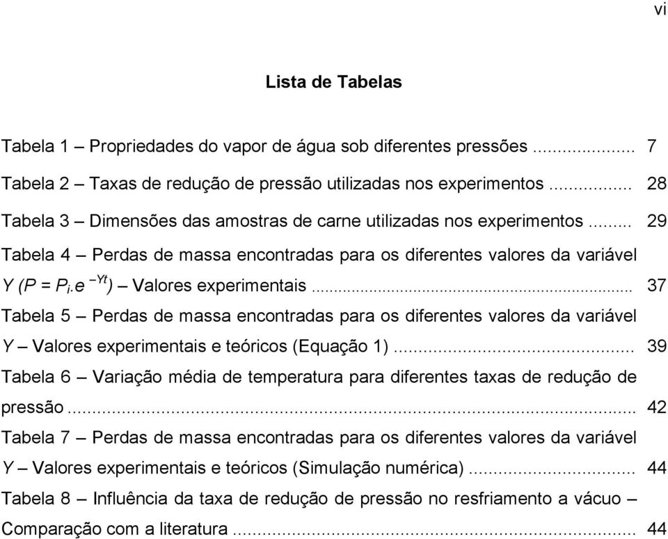 .. 37 Tabela 5 Perdas de massa encontradas para os diferentes valores da variável Y Valores experimentais e teóricos (Equação 1).