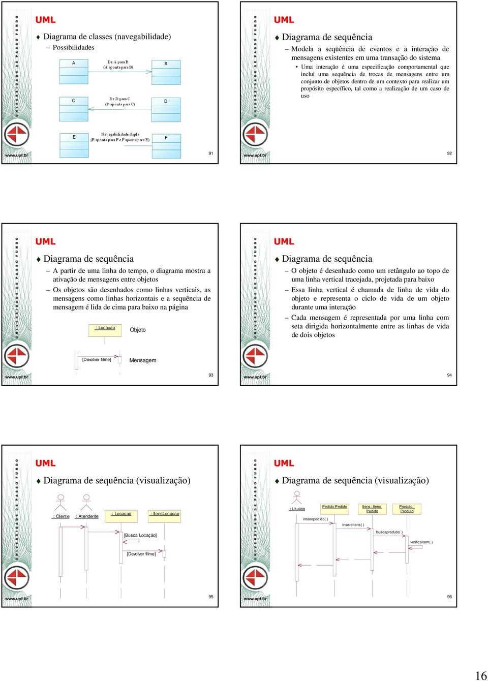 de uso 91 92 Diagrama de sequência A partir de uma linha do tempo, o diagrama mostra a ativação de mensagens entre objetos Os objetos são desenhados como linhas verticais, as mensagens como linhas