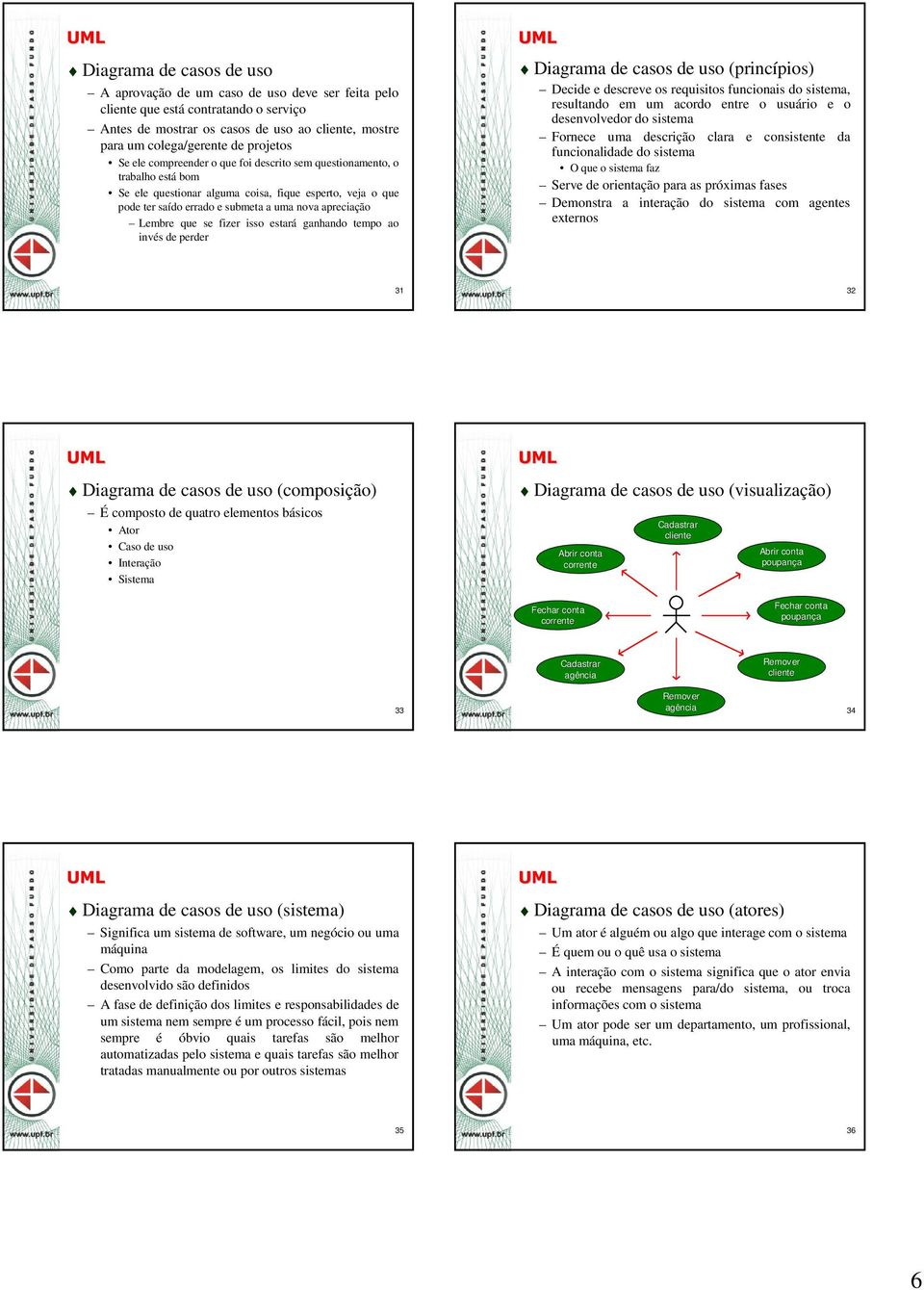 Lembre que se fizer isso estará ganhando tempo ao invés de perder Diagrama de casos de uso (princípios) Decide e descreve os requisitos funcionais do sistema, resultando em um acordo entre o usuário