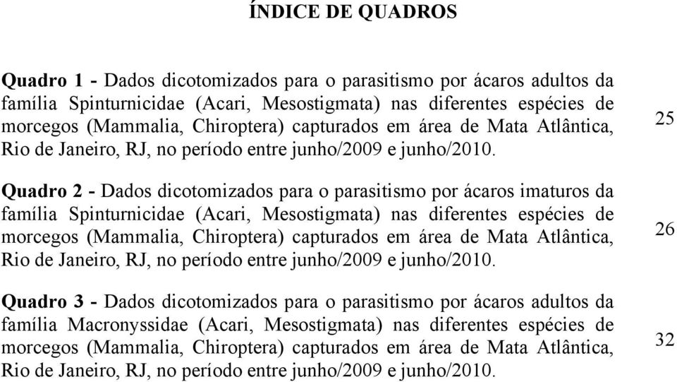 Quadro 2 - Dados dicotomizados para o parasitismo por ácaros imaturos da família Spinturnicidae (Acari, Mesostigmata) nas diferentes espécies de morcegos (Mammalia, Chiroptera)  Quadro 3 - Dados