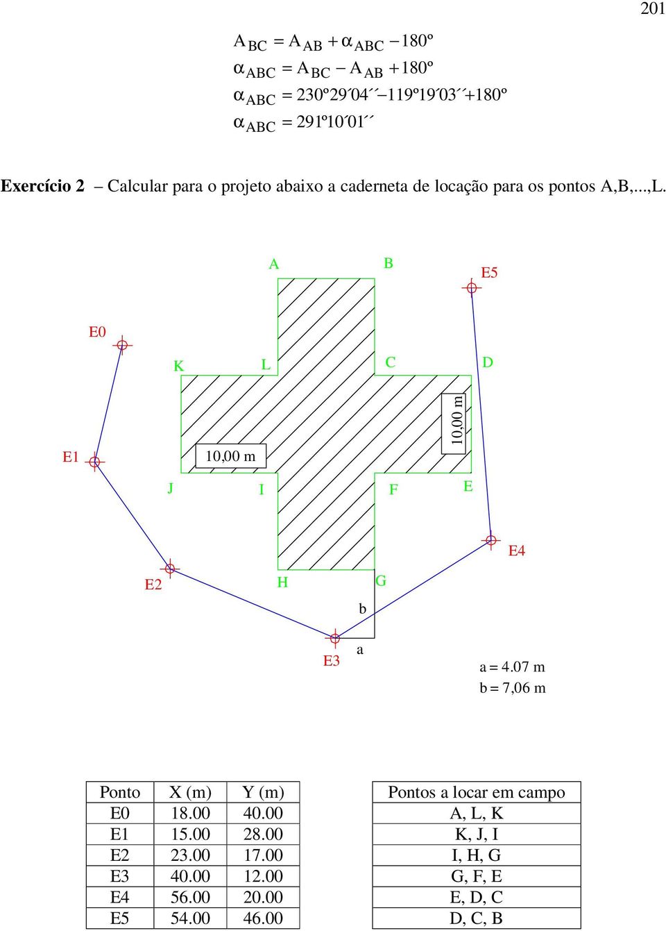 A E5 E0 K L C D E1 10,00 m 10,00 m Área = 500,00 m J I F E E4 E H G b E3 a a = 4.