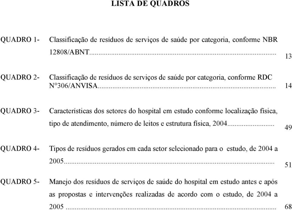 .. 14 QUADRO 3- Características dos setores do hospital em estudo conforme localização física, tipo de atendimento, número de leitos e estrutura física, 2004.