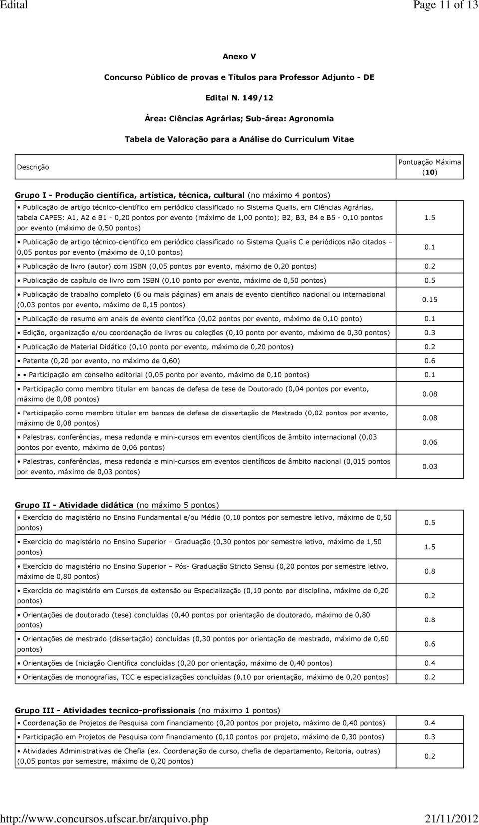 (no máximo 4 pontos) Publicação de artigo técnico-científico em periódico classificado no Sistema Qualis, em Ciências Agrárias, tabela CAPES: A1, A2 e B1-0,20 pontos por evento (máximo de 1,00