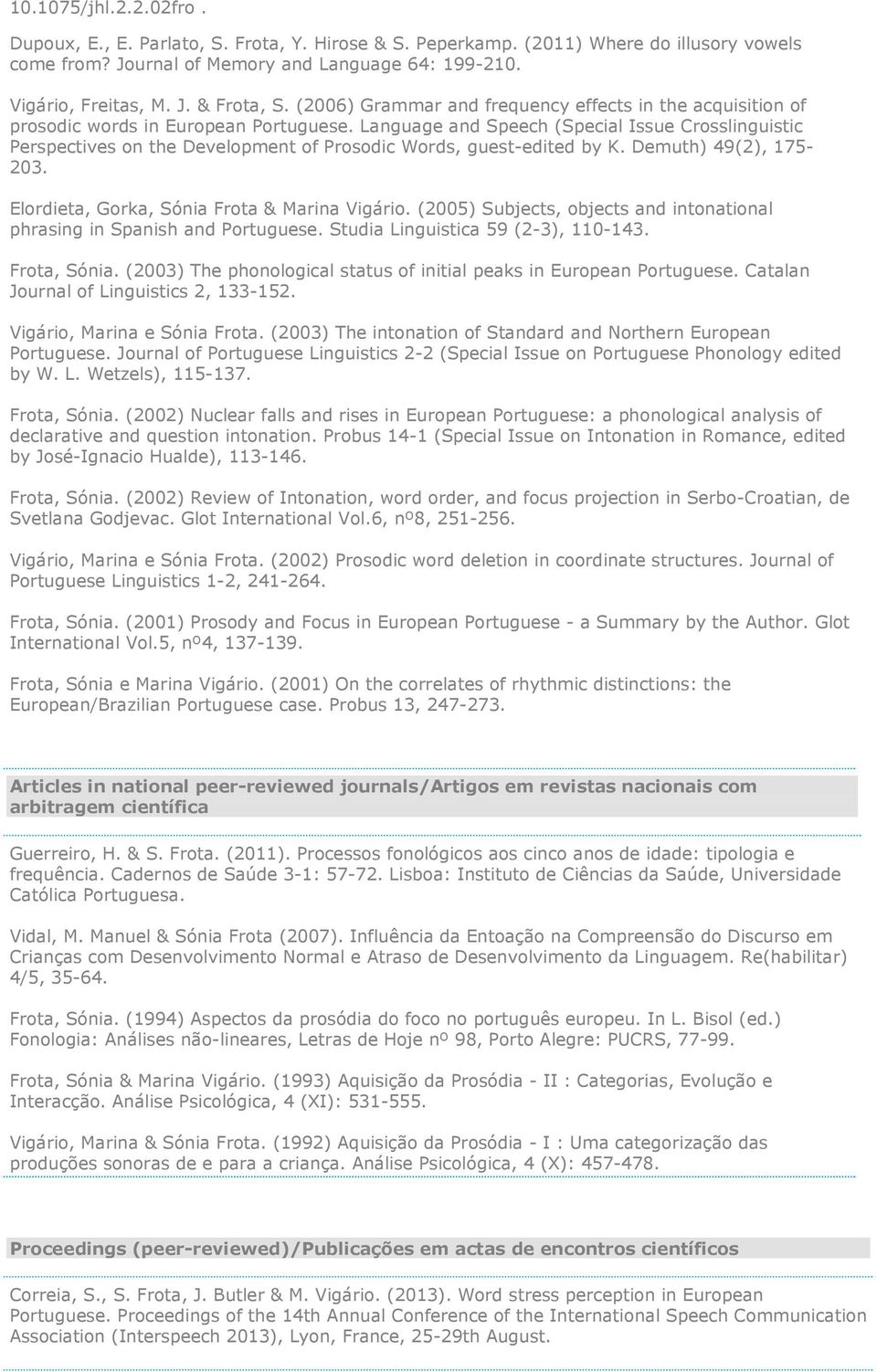 Language and Speech (Special Issue Crosslinguistic Perspectives on the Development of Prosodic Words, guest-edited by K. Demuth) 49(2), 175-203. Elordieta, Gorka, Sónia Frota & Marina Vigário.