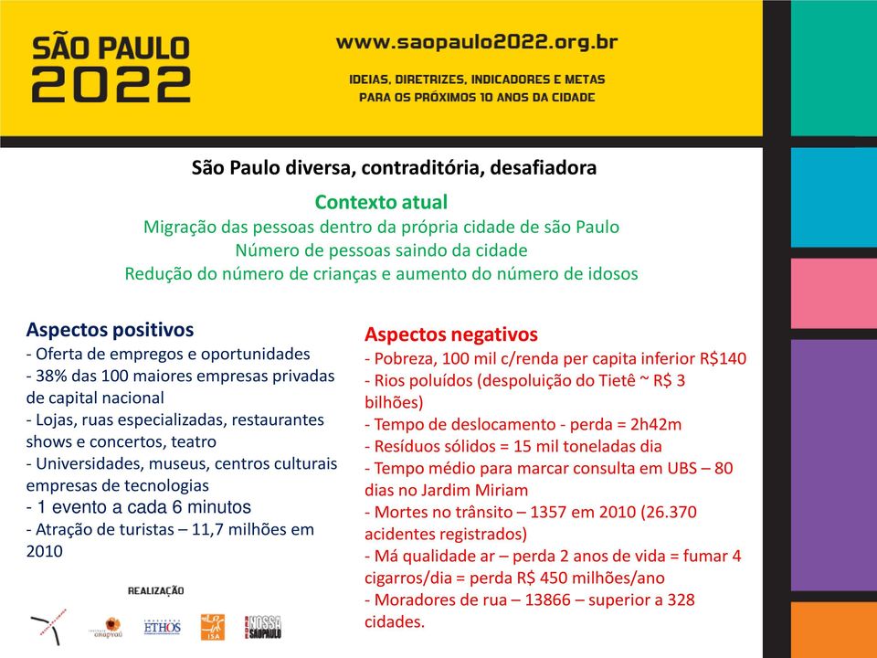 teatro - Universidades, museus, centros culturais empresas de tecnologias - 1 evento a cada 6 minutos - Atração de turistas 11,7 milhões em 2010 Aspectos negativos - Pobreza, 100 mil c/renda per