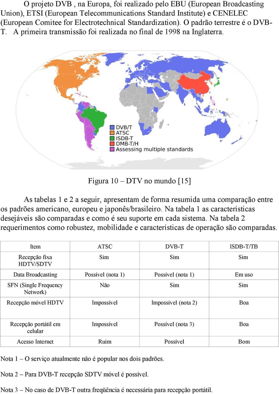 Figura 10 DTV no mundo [15] As tabelas 1 e 2 a seguir, apresentam de forma resumida uma comparação entre os padrões americano, europeu e japonês/brasileiro.