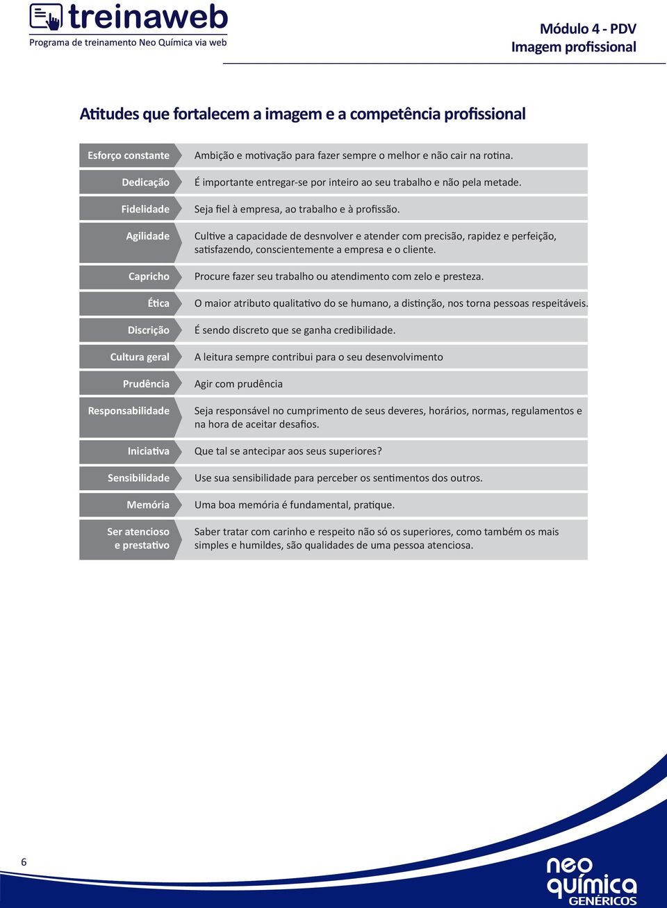 Seja fiel à empresa, ao trabalho e à profissão. Cultive a capacidade de desnvolver e atender com precisão, rapidez e perfeição, satisfazendo, conscientemente a empresa e o cliente.