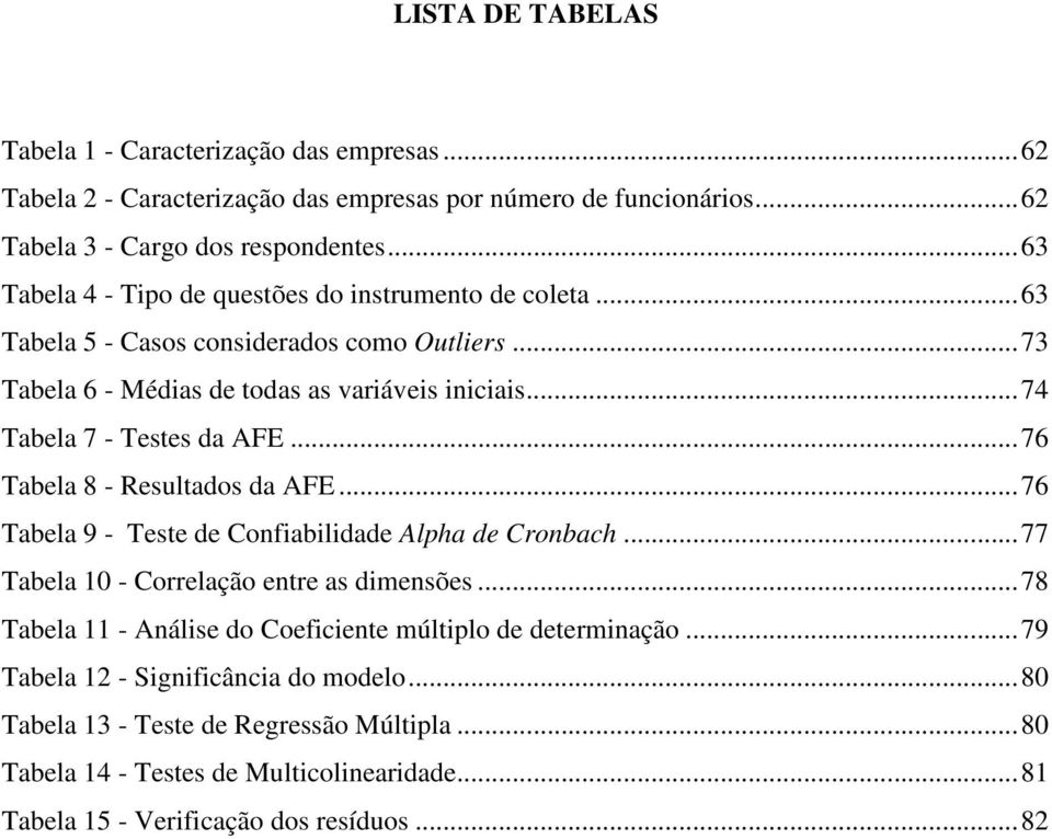 .. 74 Tabela 7 - Testes da AFE... 76 Tabela 8 - Resultados da AFE... 76 Tabela 9 - Teste de Confiabilidade Alpha de Cronbach... 77 Tabela 10 - Correlação entre as dimensões.