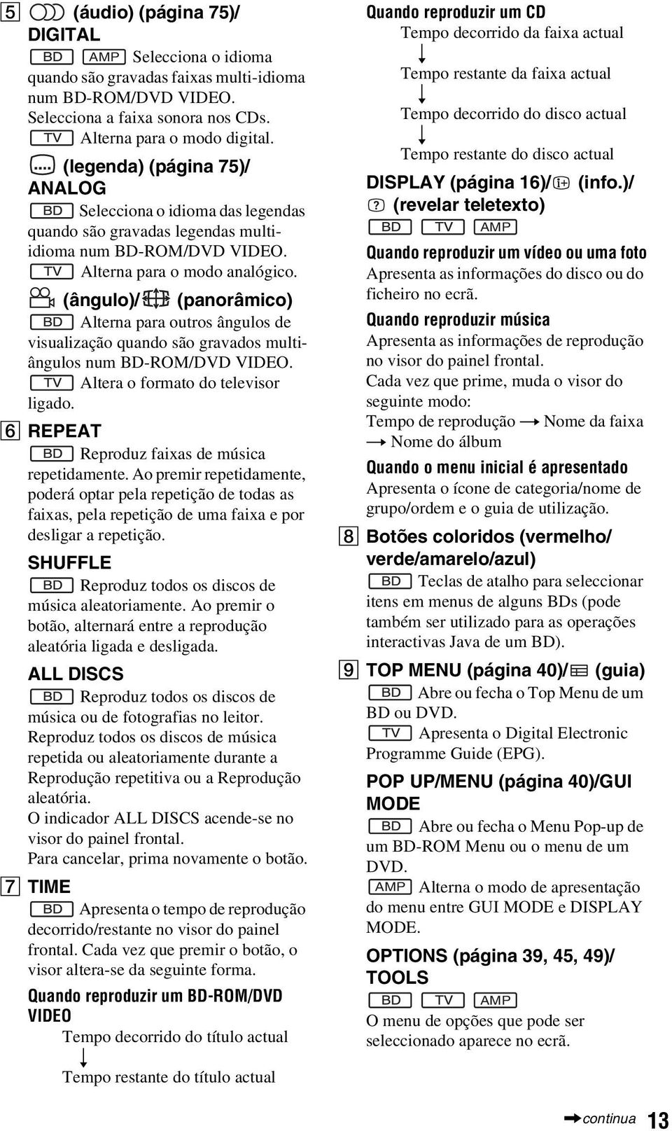 (ângulo)/ (panorâmico) Alterna para outros ângulos de visualização quando são gravados multiângulos num BD-ROM/DVD VIDEO. Altera o formato do televisor ligado.