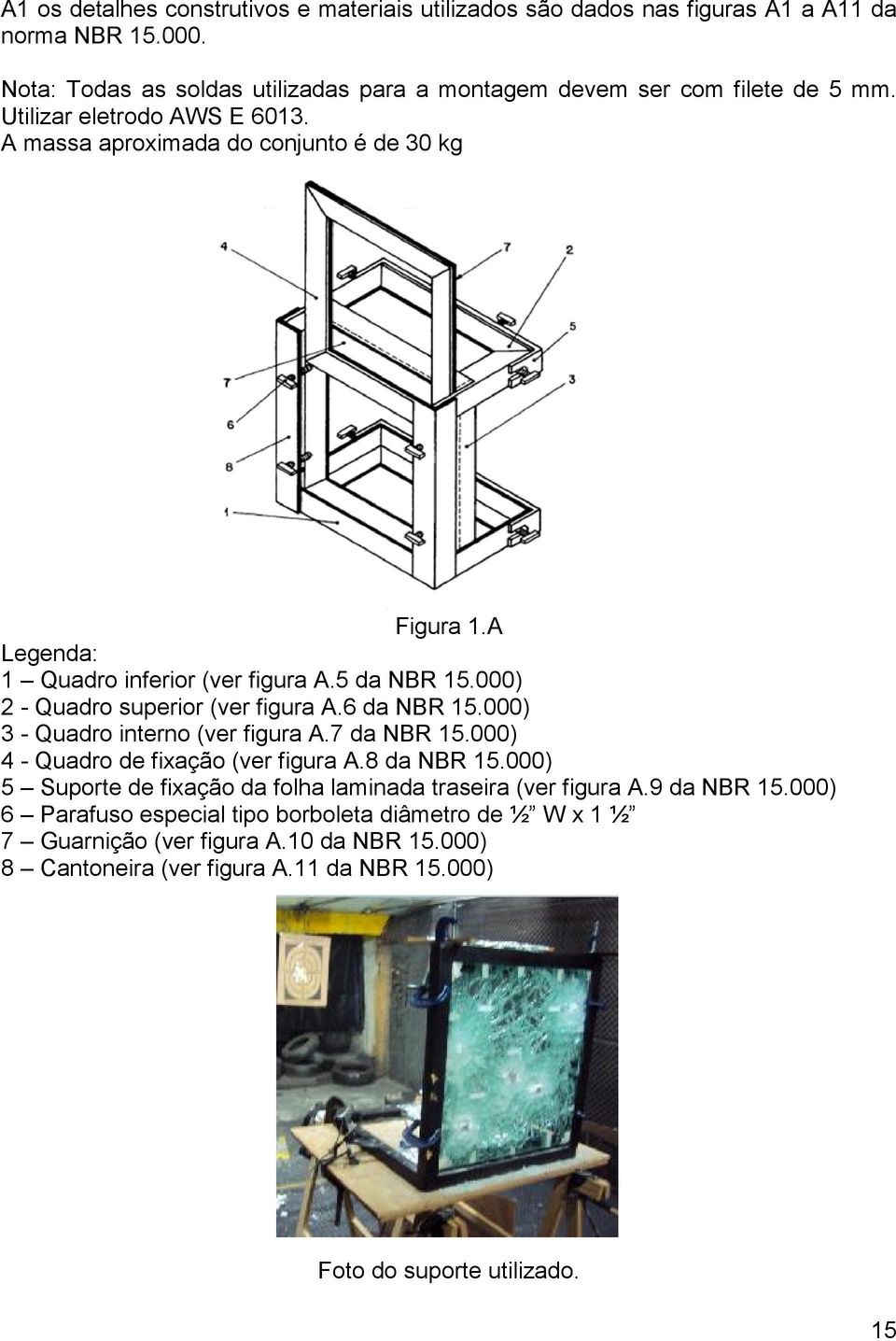 6 da NBR 15.000) 3 - Quadro interno (ver figura A.7 da NBR 15.000) 4 - Quadro de fixação (ver figura A.8 da NBR 15.000) 5 Suporte de fixação da folha laminada traseira (ver figura A.