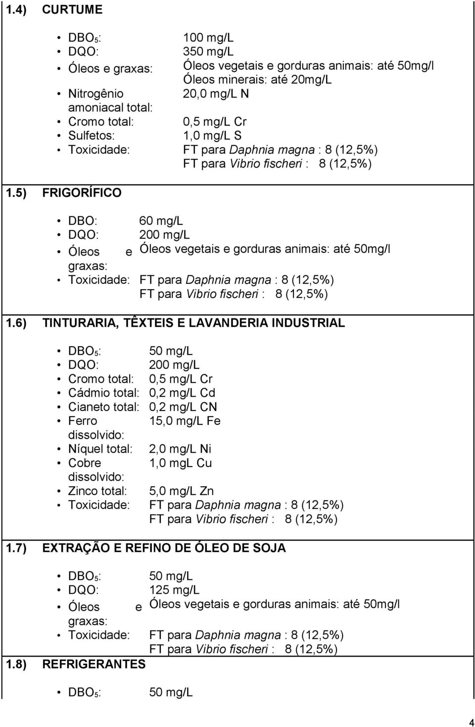 6) TINTURARIA, TÊXTEIS E LAVANDERIA INDUSTRIAL DBO 5 : 50 mg/l DQO: 200 mg/l Cromo tot: 0,5 mg/l Cr Cádmio tot: 0,2 mg/l Cd Cianeto tot: 0,2 mg/l CN Ferro 15,0 mg/l Fe dissolvido: