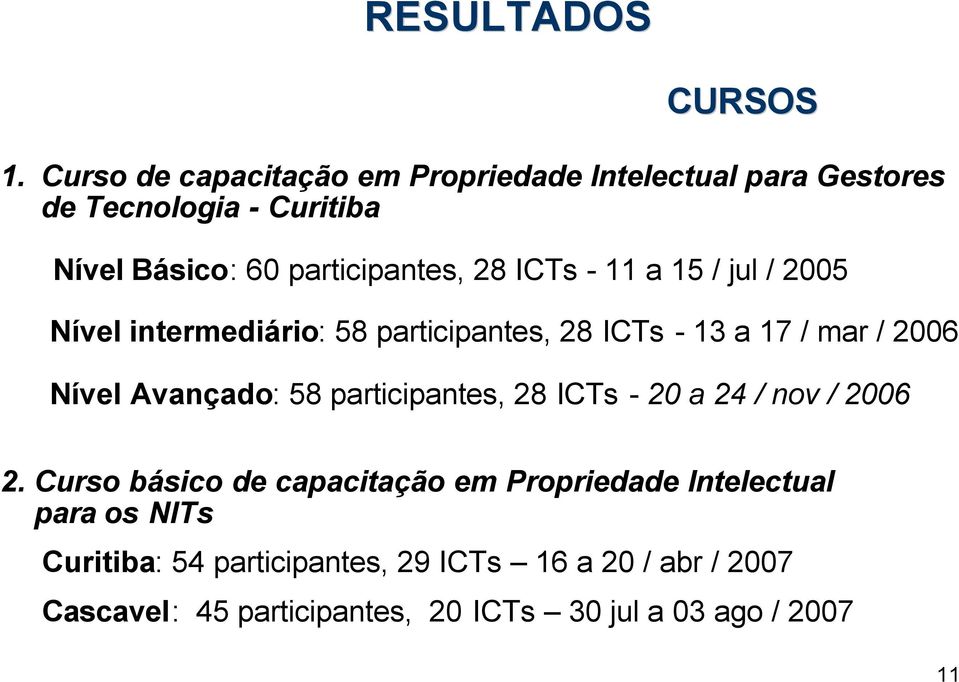 ICTs - 11 a 15 / jul / 2005 Nível intermediário: 58 participantes, 28 ICTs - 13 a 17 / mar / 2006 Nível Avançado: 58