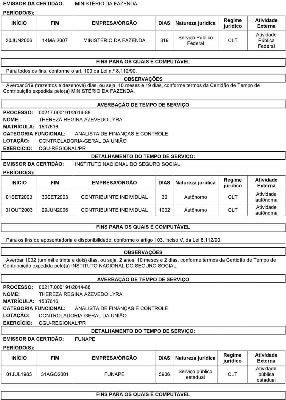 000191/2014-88 NOME: THEREZA REGINA AZEVEDO LYRA MATRÍCULA: 1537616 CGU-REGIONAL/PR INSTITUTO NACIONAL DO SEGURO SOCIAL 01SET2003 30SET2003 CONTRIBUINTE INDIVIDUAL 30 Autônomo CLT 01OUT2003 29JUN2006