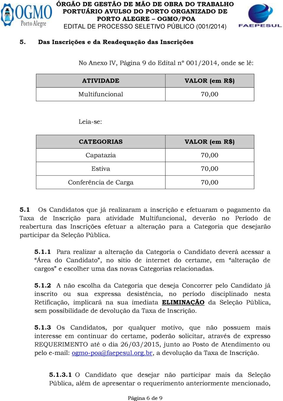 1 Os Candidatos que já realizaram a inscrição e efetuaram o pagamento da Taxa de Inscrição para atividade Multifuncional, deverão no Período de reabertura das Inscrições efetuar a alteração para a