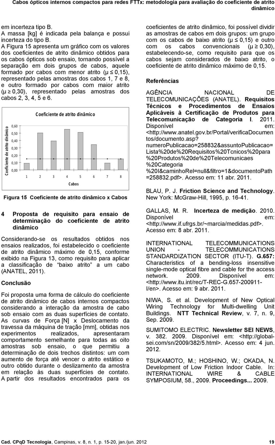 atrito (µ,1), representado pelas amostras dos cabos 1, 7 e 8, e outro formado por cabos com maior atrito (µ,3), representado pelas amostras dos cabos 2, 3, 4, e 6.