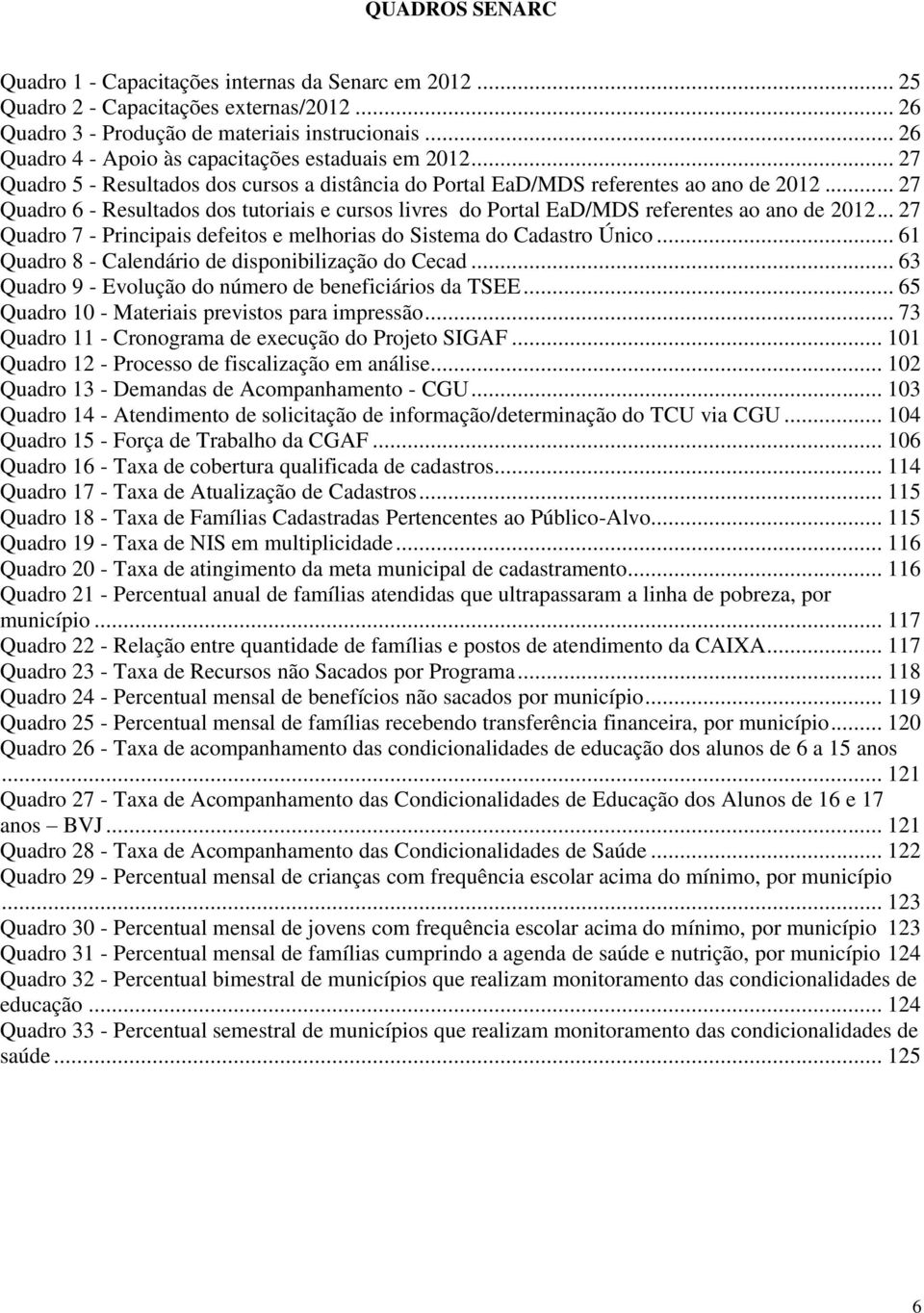 .. 27 Quadro 6 - Resultados dos tutoriais e cursos livres do Portal EaD/MDS referentes ao ano de 2012... 27 Quadro 7 - Principais defeitos e melhorias do Sistema do Cadastro Único.