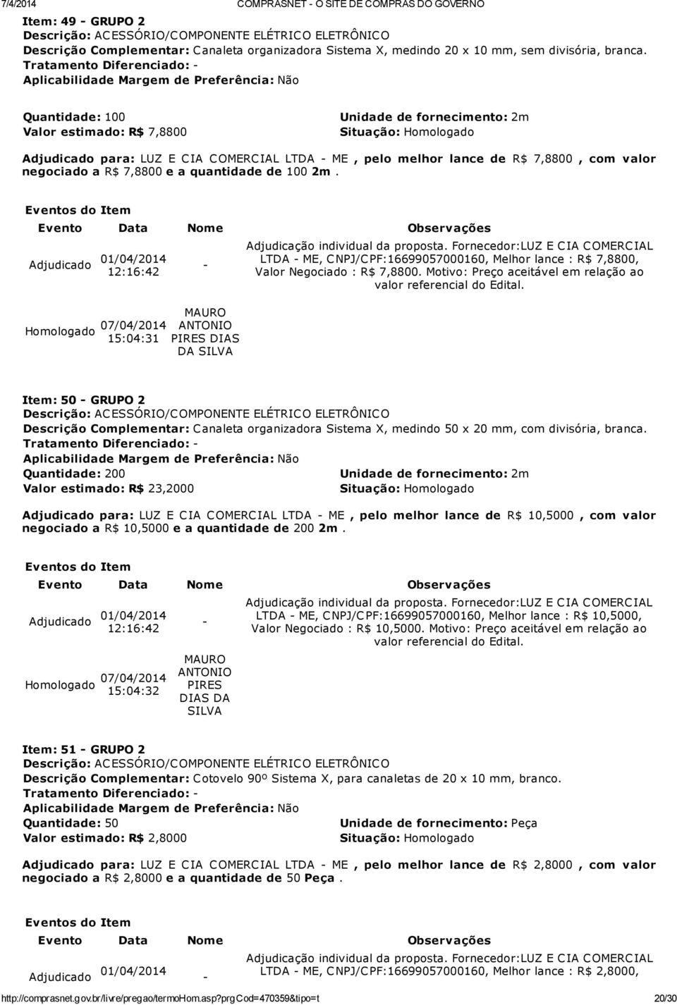 LTDA ME, C NPJ/C PF:16699057000160, Melhor lance : R$ 7,8800, Valor Negociado : R$ 7,8800.