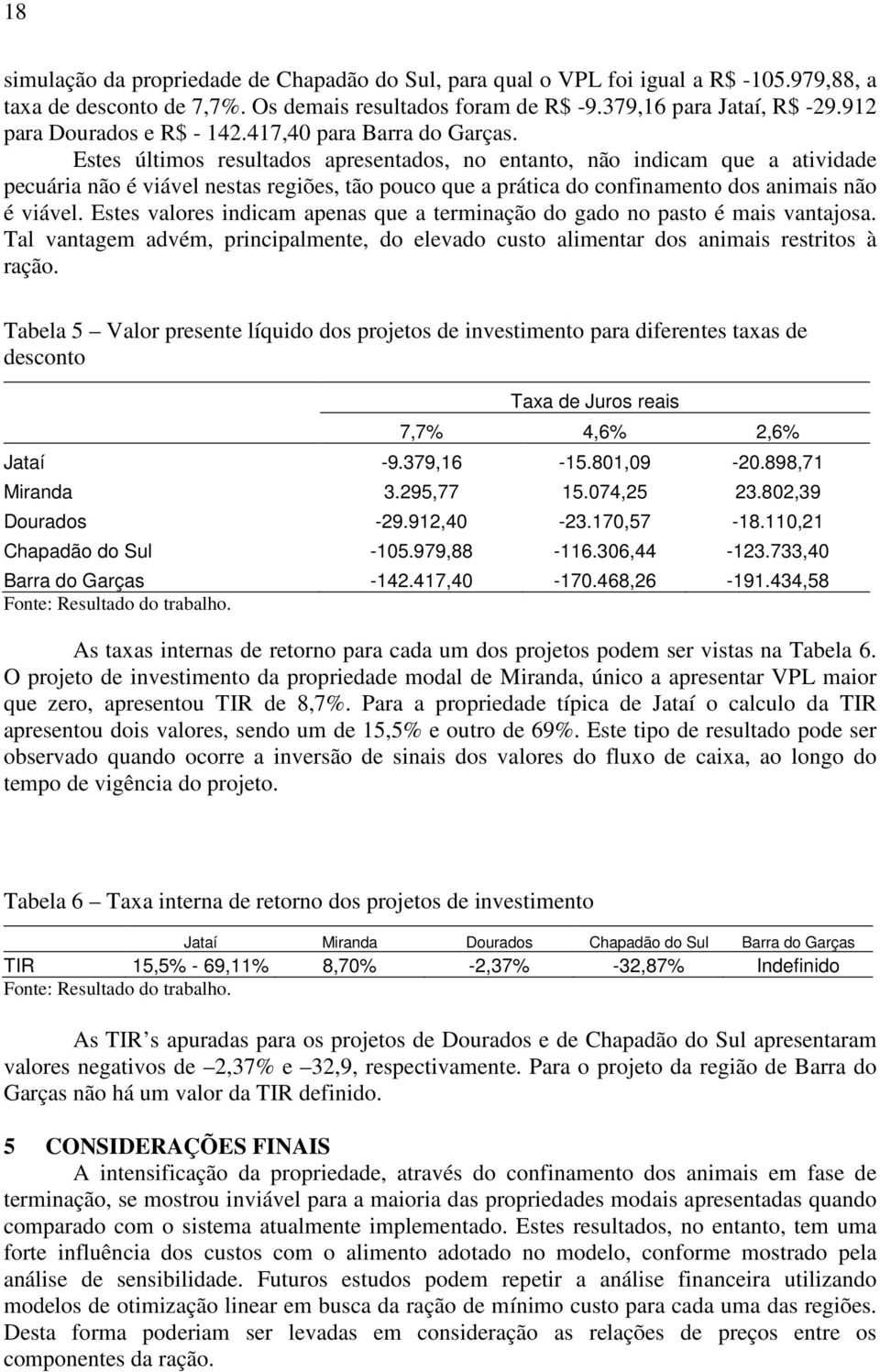 Estes últimos resultados apresentados, no entanto, não indicam que a atividade pecuária não é viável nestas regiões, tão pouco que a prática do confinamento dos animais não é viável.