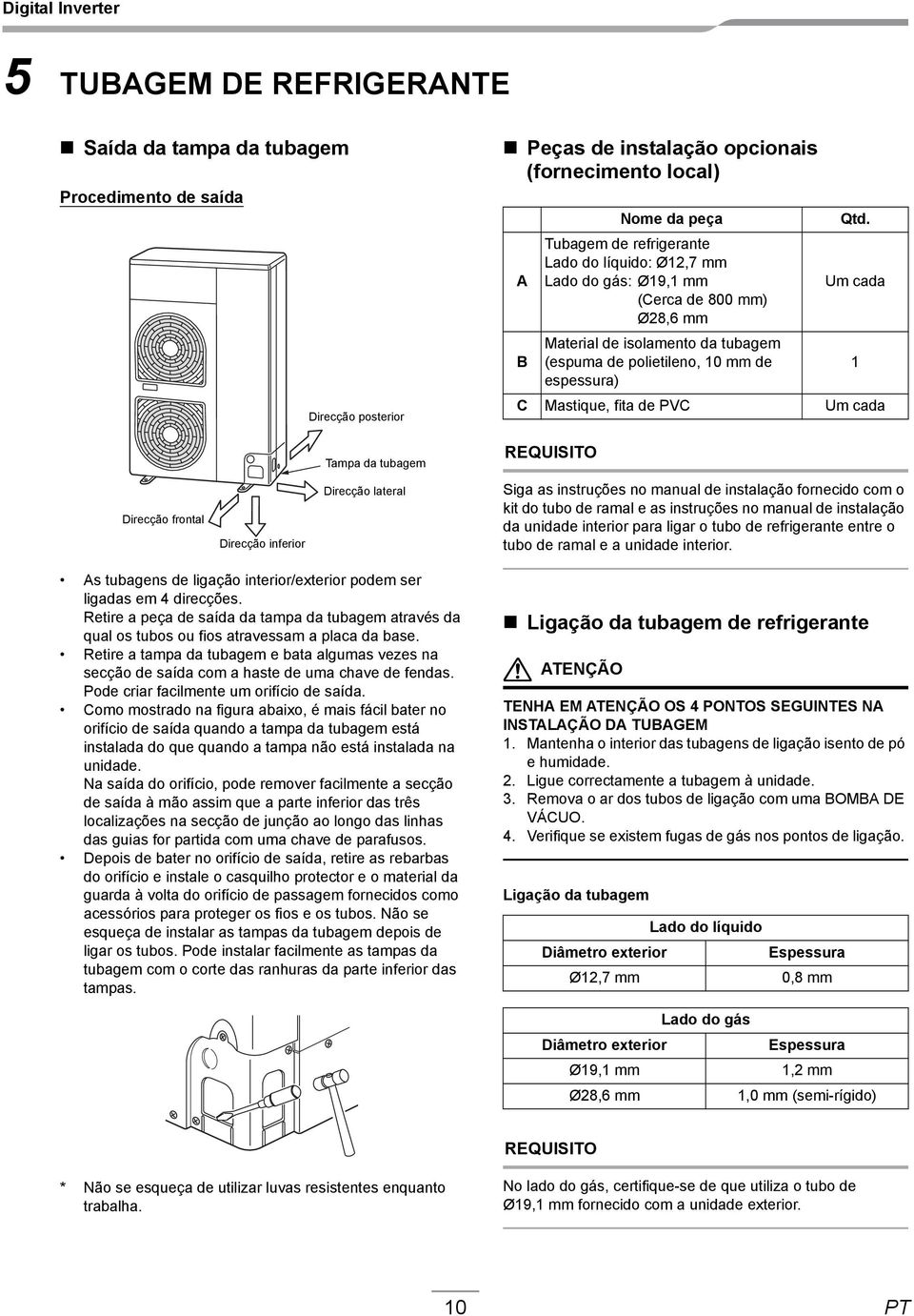 Um cada C Mastique, fita de PVC Um cada 1 Tampa da tubagem REQUISITO Direcção frontal Direcção inferior Direcção lateral Siga as instruções no manual de instalação fornecido com o kit do tubo de