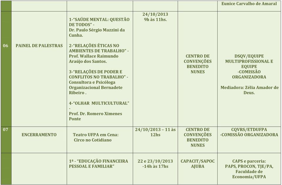 3- RELAÇÕES DE PODER E CONFLITOS NO TRABALHO - Consultora e Psicóloga Organizacional Bernadete Ribeiro. MULTIPROFISSIONAL E EQUIPE -COMISSÃO ORGANIZADORA Mediadora: Zélia Amador de Deus.