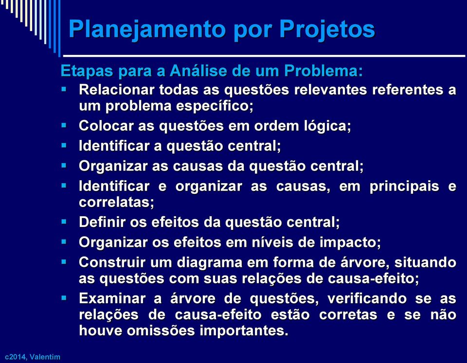 Definir os efeitos da questão central; Organizar os efeitos em níveis de impacto; Construir um diagrama em forma de árvore, situando as questões