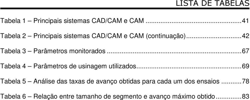 .. 42 Tabela 3 Parâmetros monitorados... 67 Tabela 4 Parâmetros de usinagem utilizados.