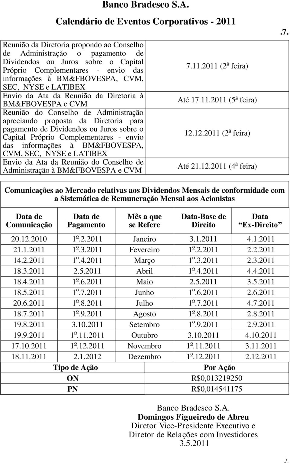 informações à BM&FBOVESPA, CVM, Envio da Ata da Reunião do Conselho de Administração à BM&FBOVESPA e CVM 7.