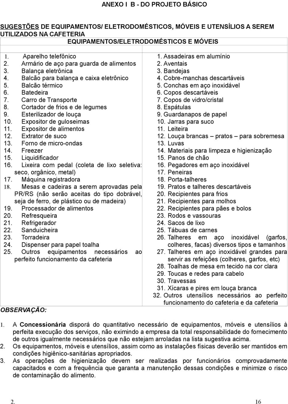 Esterilizador de louça 10. Expositor de guloseimas 11. Expositor de alimentos 12. Extrator de suco 13. Forno de micro-ondas 14. Freezer 15. Liquidificador 16.