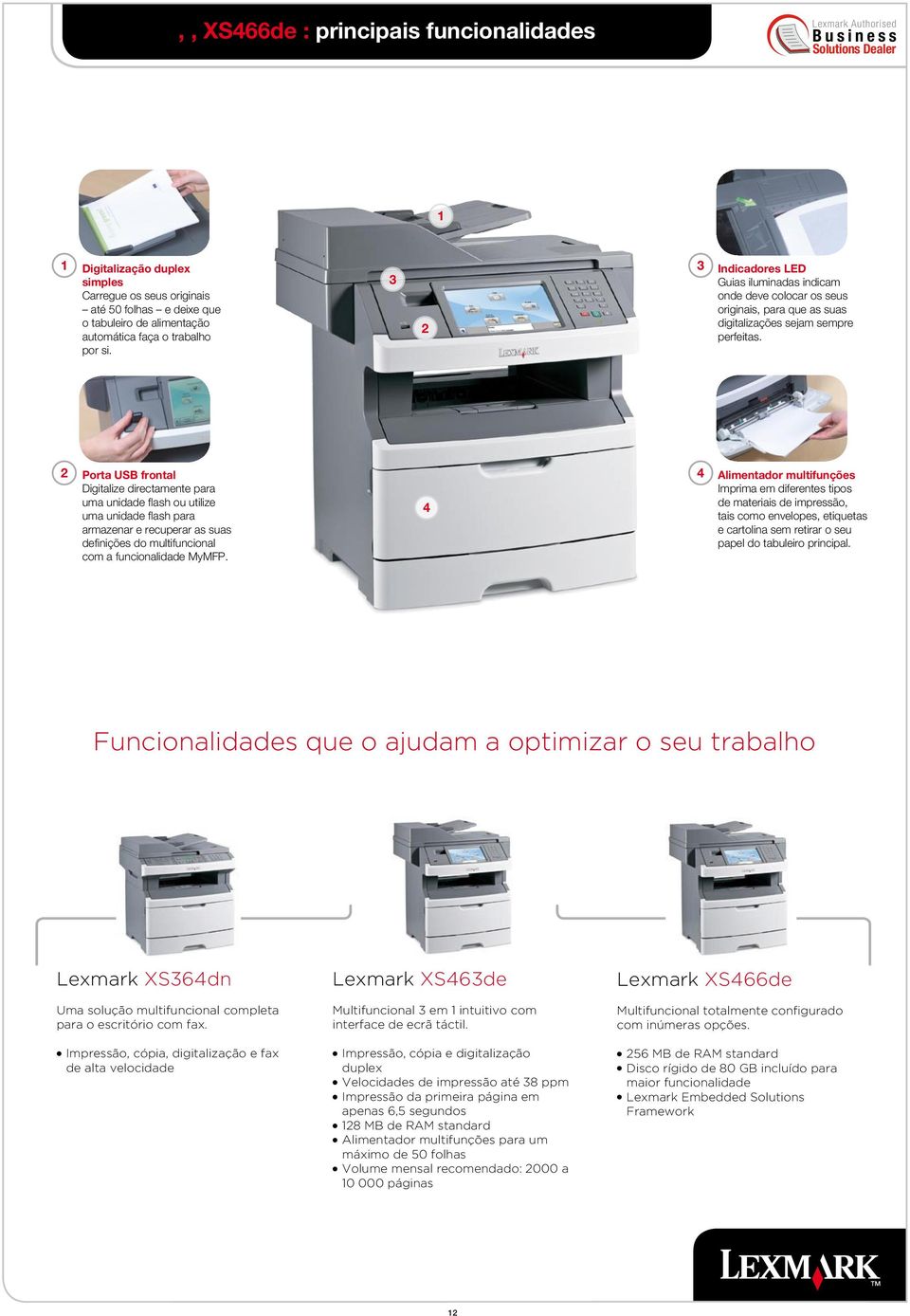 Porta USB frontal Digitalize directamente para uma unidade flash ou utilize uma unidade flash para armazenar e recuperar as suas definições do multifuncional com a funcionalidade MyMFP.