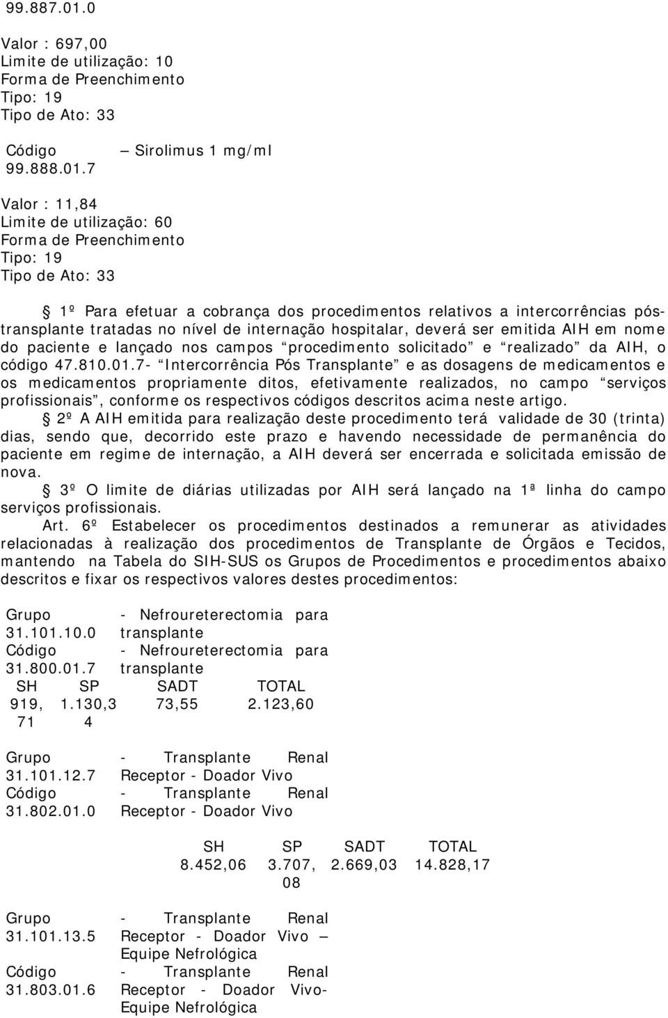 7 Sirolimus 1 mg/ml Valor : 11,84 Limite de utilização: 60 1º Para efetuar a cobrança dos procedimentos relativos a intercorrências póstransplante tratadas no nível de internação hospitalar, deverá