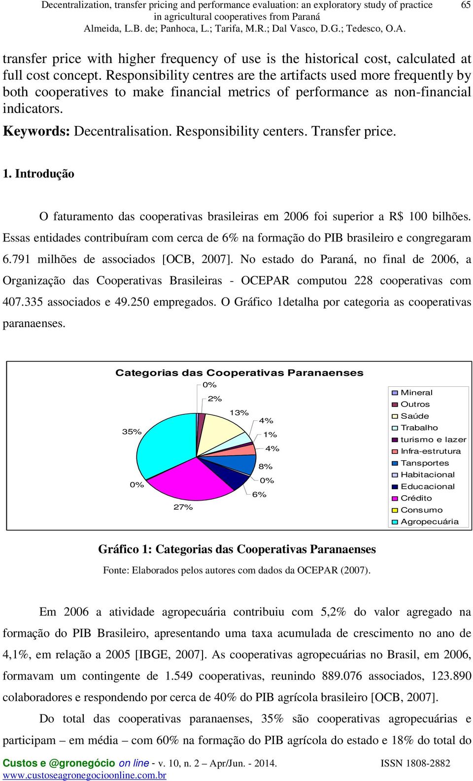 Responsibility centers. Transfer price. 1. Introdução O faturamento das cooperativas brasileiras em 2006 foi superior a R$ 100 bilhões.