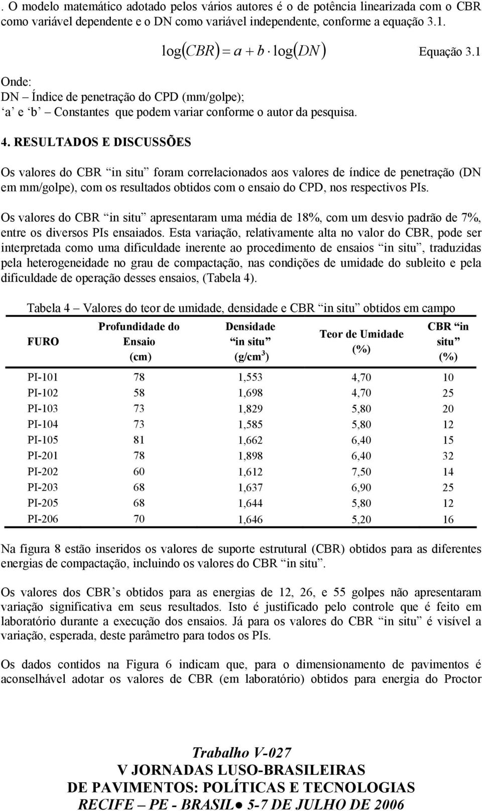 RESULTADOS E DISCUSSÕES Os valores do CBR in situ foram correlacionados aos valores de índice de penetração (DN em mm/golpe), com os resultados obtidos com o ensaio do CPD, nos respectivos PIs.