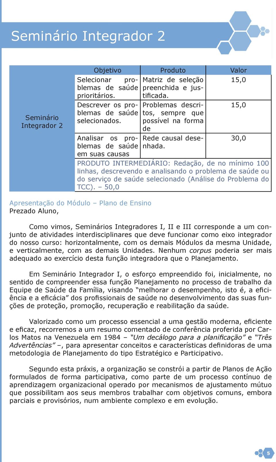 15,0 30,0 PRODUTO INTERMEDIÁRIO: Redação, de no mínimo 100 linhas, descrevendo e analisando o problema de saúde ou do serviço de saúde selecionado (Análise do Problema do TCC).