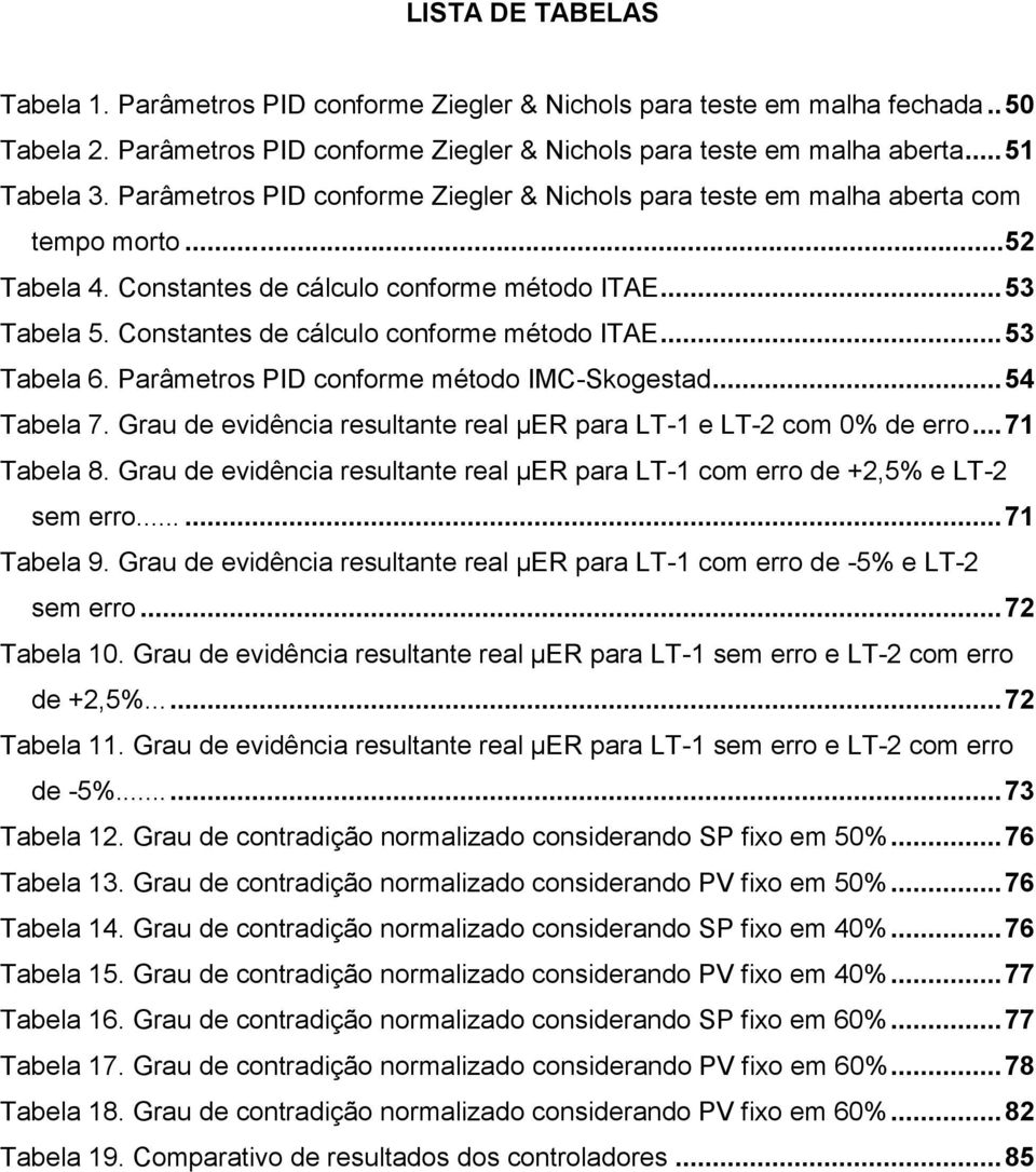 Constantes de cálculo conforme método ITAE... 53 Tabela 6. Parâmetros PID conforme método IMC-Skogestad... 54 Tabela 7. Grau de evidência resultante real μer para LT-1 e LT-2 com 0% de erro.