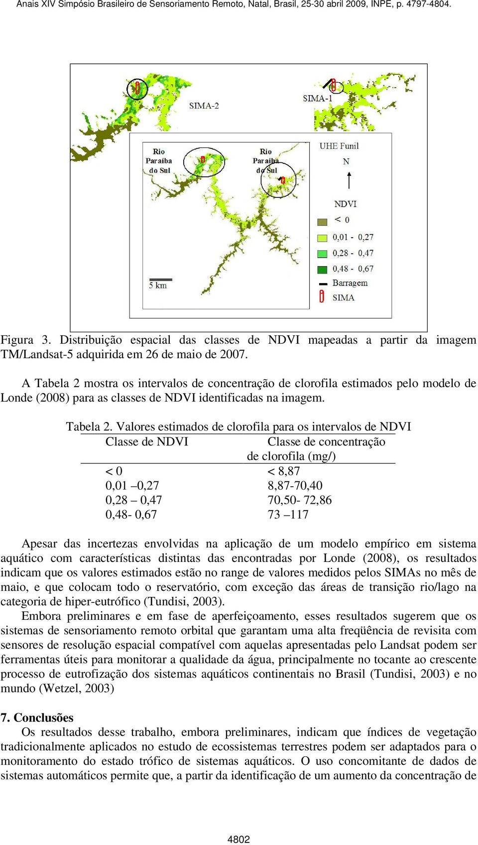 mostra os intervalos de concentração de clorofila estimados pelo modelo de Londe (2008) para as classes de NDVI identificadas na imagem. Tabela 2.