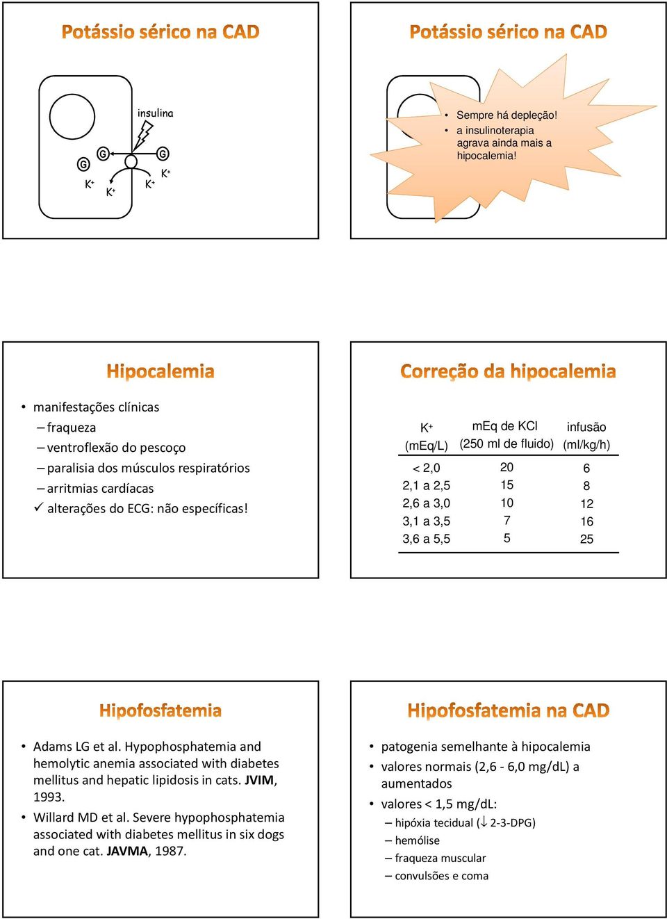 (meq/l) < 2,0 2,1 a 2,5 2,6 a 3,0 3,1 a 3,5 3,6 a 5,5 meq de KCl (250 ml de fluido) 20 15 10 7 5 infusão (ml/kg/h) 6 8 12 16 25 Adams LG et al.