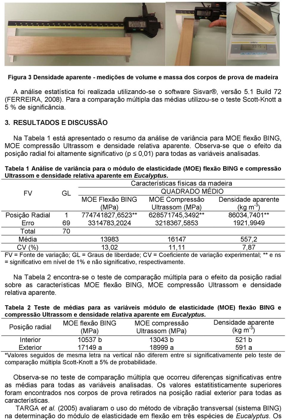 RESULTADOS E DISCUSSÃO Na Tabela 1 está apresentado o resumo da análise de variância para MOE flexão BING, MOE compressão Ultrassom e densidade relativa aparente.