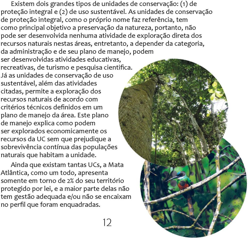 exploração direta dos recursos naturais nestas áreas, entretanto, a depender da categoria, da administração e de seu plano de manejo, podem ser desenvolvidas atividades educativas, recreativas, de