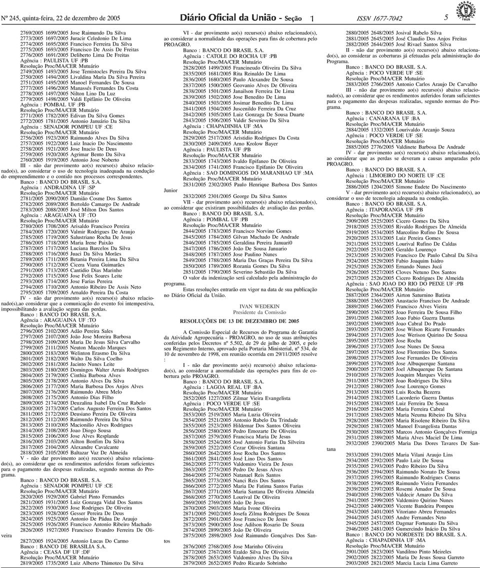 Livaldina Maria Da Silva Pereira 275/2005 495/2005 Manoel Fernandes De Sousa 2777/2005 496/2005 Manassés Fernandes Da Costa 2778/2005 497/2005 Nilton Lino Da Luz 2779/2005 498/2005 Valdi Epifânio De