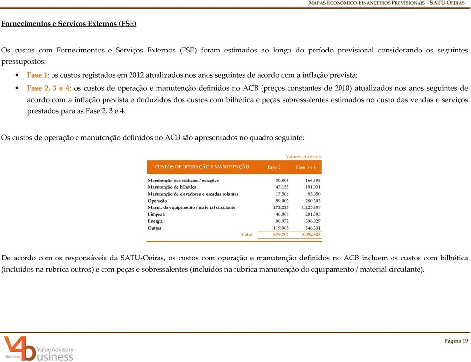 anos seguintes de acordo com a inflação prevista e deduzidos dos custos com bilhética e peças sobressalentes estimados no custo das vendas e serviços prestados para as Fase 2, 3 e 4.