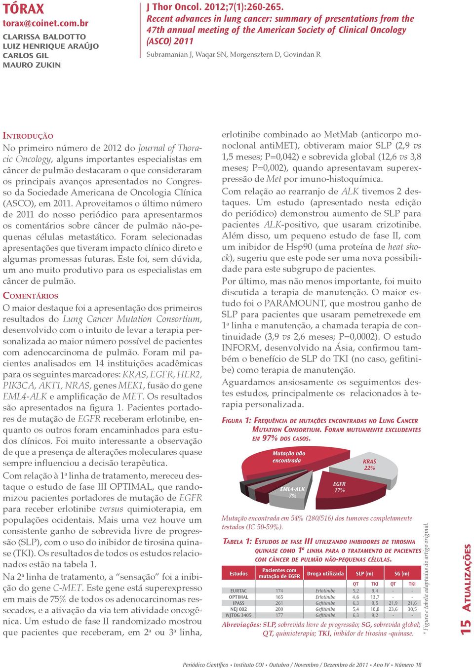 Introdução No primeiro número de 212 do Journal of Thoracic Oncology, alguns importantes especialistas em câncer de pulmão destacaram o que consideraram os principais avanços apresentados no