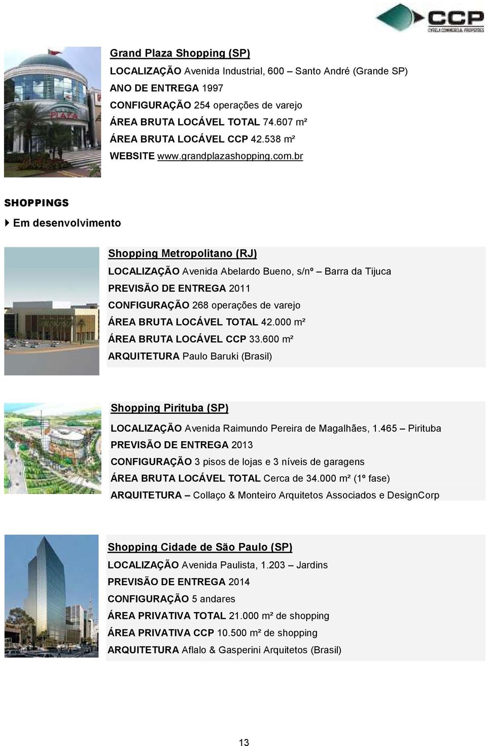 br SHOPPINGS Em desenvolvimento Shopping Metropolitano (RJ) LOCALIZAÇÃO Avenida Abelardo Bueno, s/nº Barra da Tijuca PREVISÃO DE ENTREGA 2011 CONFIGURAÇÃO 268 operações de varejo ÁREA BRUTA LOCÁVEL