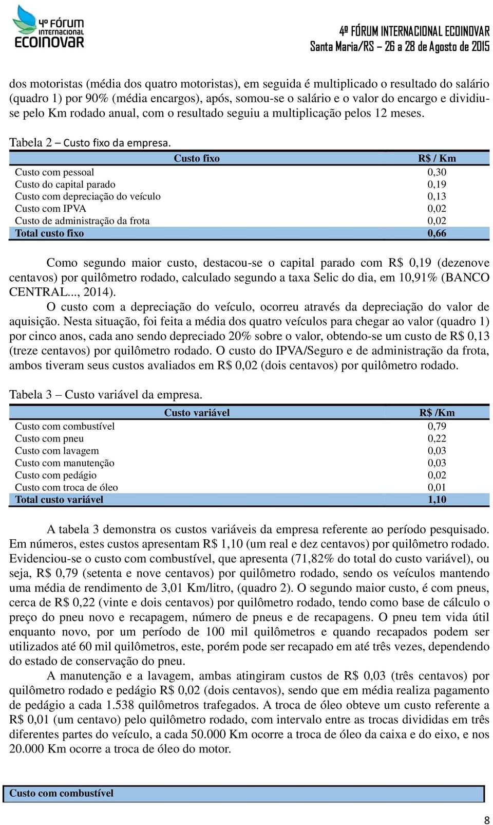 Custo fixo R$ / Km Custo com pessoal 0,30 Custo do capital parado 0,19 Custo com depreciação do veículo 0,13 Custo com IPVA 0,02 Custo de administração da frota 0,02 Total custo fixo 0,66 Como