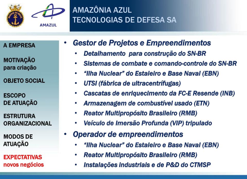 Armazenagem de combustível usado (ETN) Reator Multipropósito Brasileiro (RMB) Veículo de Imersão Profunda (VIP) tripulado Operador